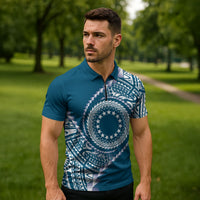 Cook Islands Gospel Day Zipper Polo Shirt Blue Tribal Curves