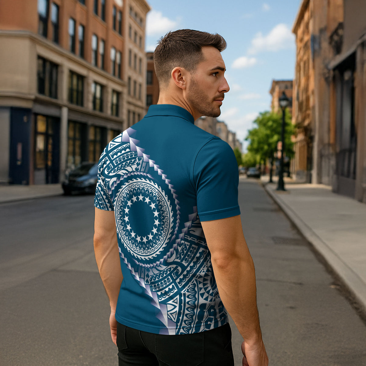 Cook Islands Gospel Day Zipper Polo Shirt Blue Tribal Curves
