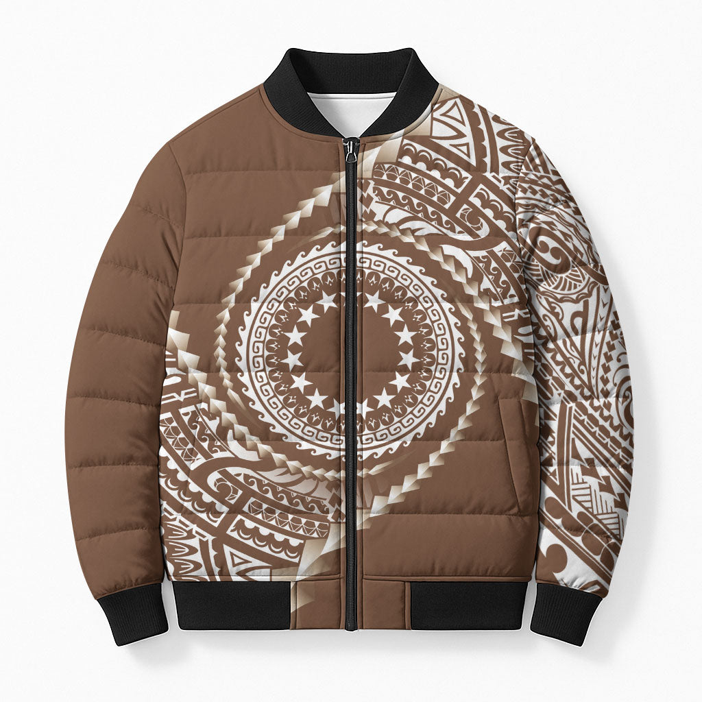 Cook Islands Gospel Day Bomber Puffer Jacket Brown Tribal Curves