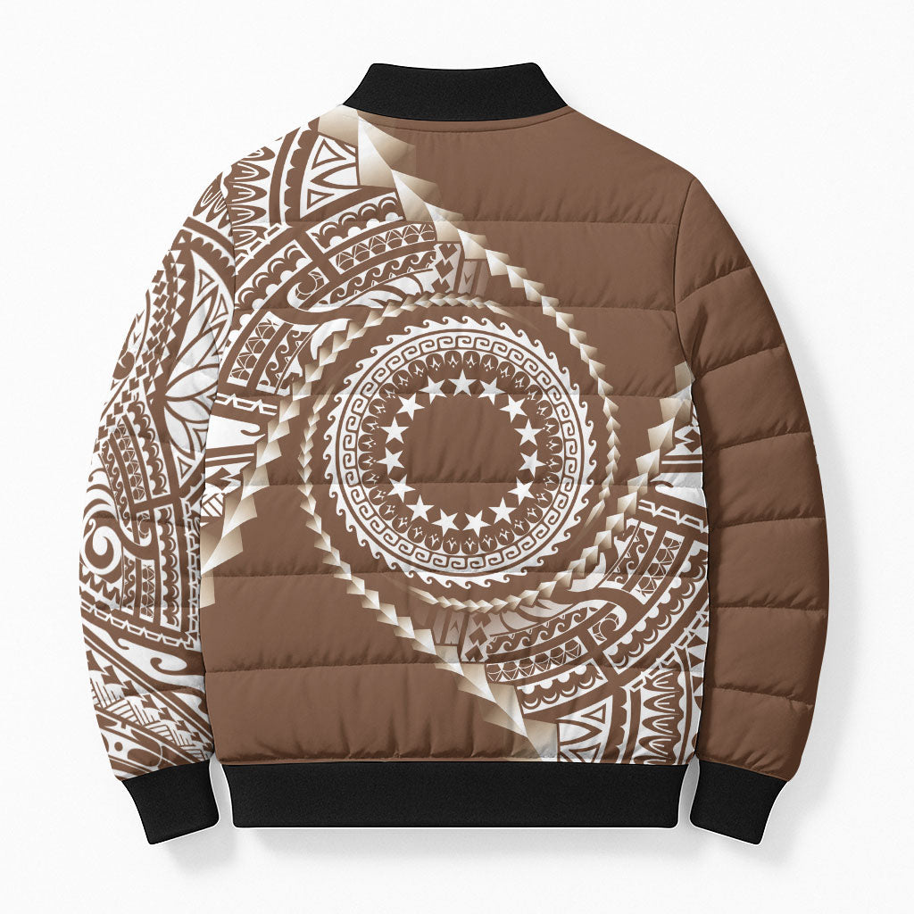 Cook Islands Gospel Day Bomber Puffer Jacket Brown Tribal Curves
