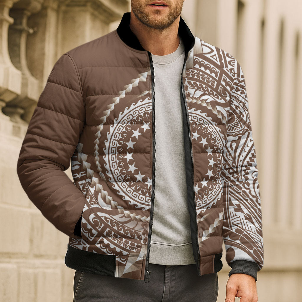 Cook Islands Gospel Day Bomber Puffer Jacket Brown Tribal Curves