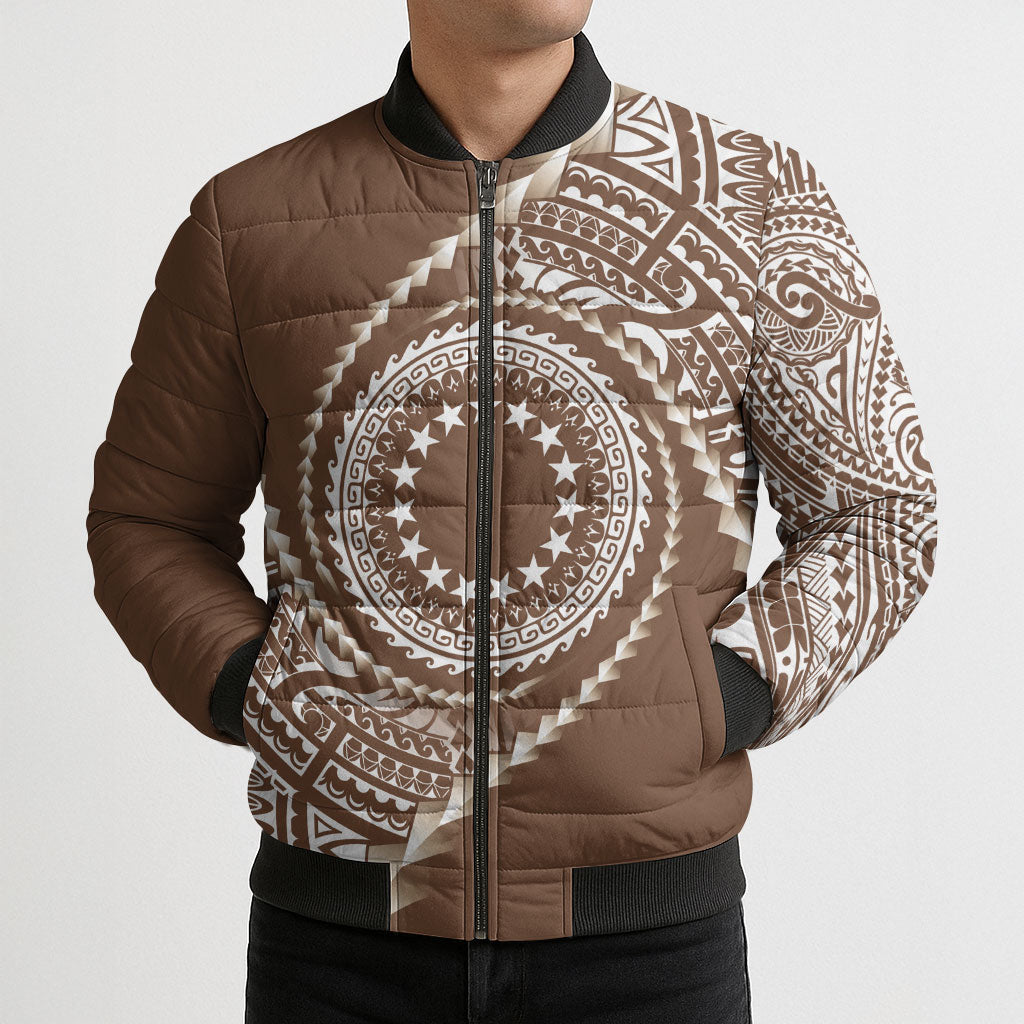 Cook Islands Gospel Day Bomber Puffer Jacket Brown Tribal Curves