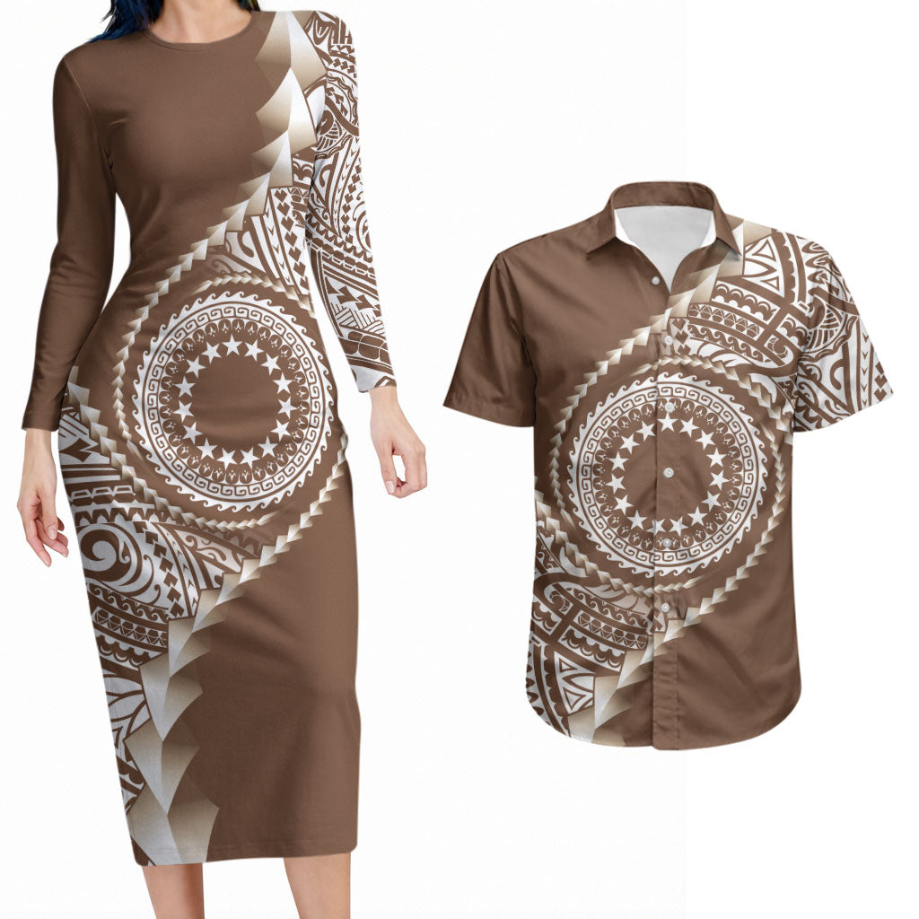Cook Islands Gospel Day Couples Matching Long Sleeve Bodycon Dress and Hawaiian Shirt Brown Tribal Curves