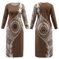 Cook Islands Gospel Day Couples Matching Long Sleeve Bodycon Dress and Hawaiian Shirt Brown Tribal Curves