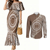 Cook Islands Gospel Day Couples Matching Mermaid Dress and Long Sleeve Button Shirt Brown Tribal Curves