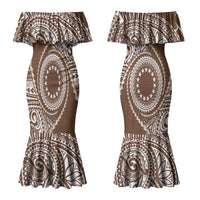 Cook Islands Gospel Day Couples Matching Mermaid Dress and Long Sleeve Button Shirt Brown Tribal Curves