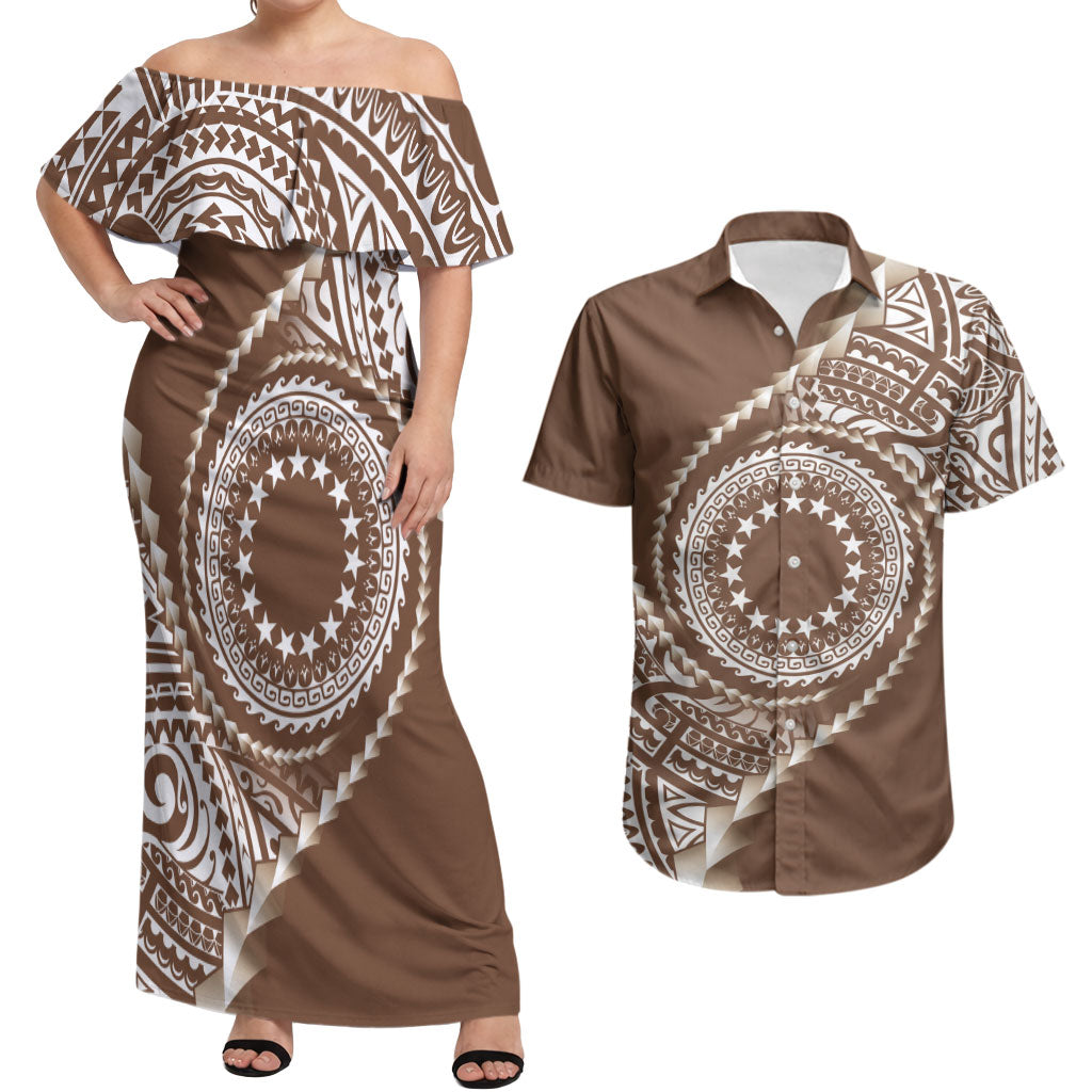 Cook Islands Gospel Day Couples Matching Off Shoulder Maxi Dress and Hawaiian Shirt Brown Tribal Curves