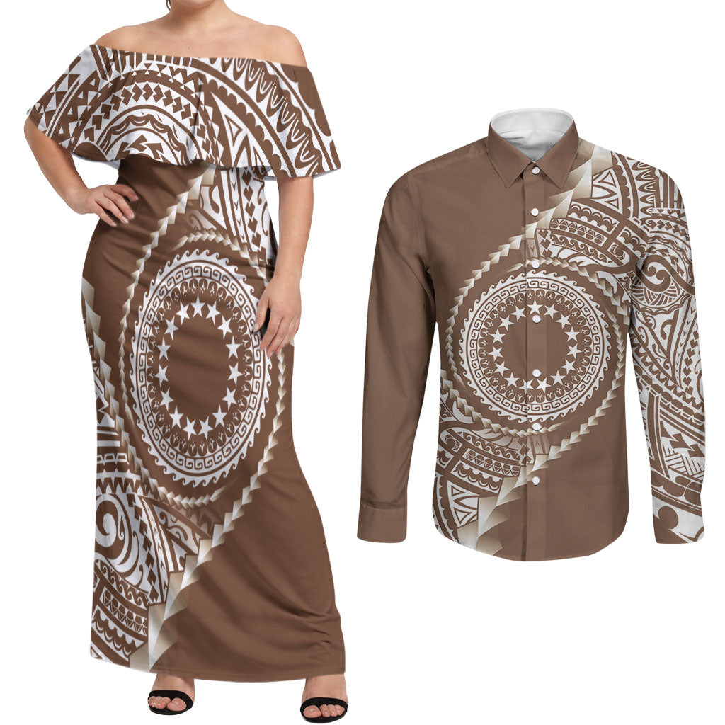 Cook Islands Gospel Day Couples Matching Off Shoulder Maxi Dress and Long Sleeve Button Shirt Brown Tribal Curves