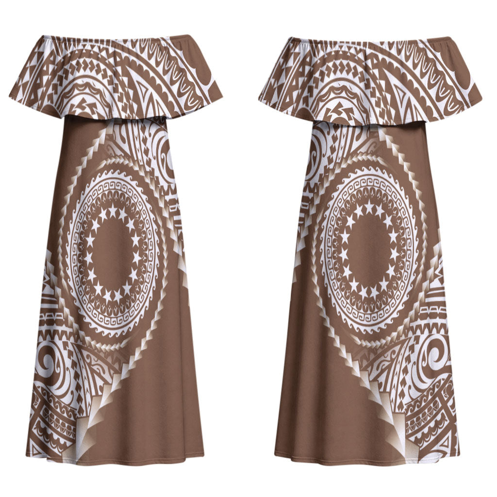 Cook Islands Gospel Day Couples Matching Off Shoulder Maxi Dress and Long Sleeve Button Shirt Brown Tribal Curves