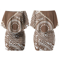 Cook Islands Gospel Day Couples Matching Off Shoulder Short Dress and Long Sleeve Button Shirt Brown Tribal Curves