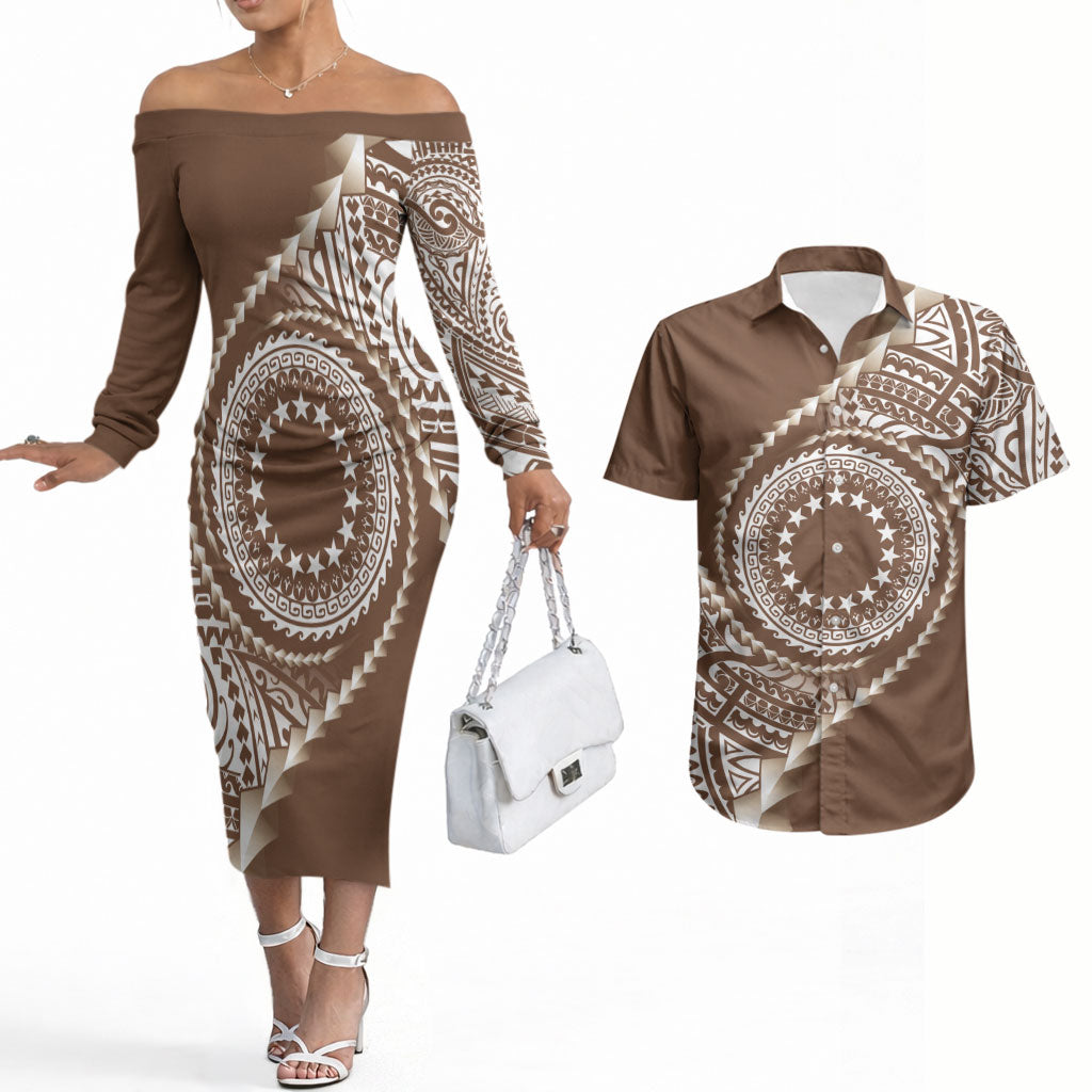 Cook Islands Gospel Day Couples Matching Off The Shoulder Long Sleeve Dress and Hawaiian Shirt Brown Tribal Curves