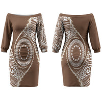 Cook Islands Gospel Day Couples Matching Off The Shoulder Long Sleeve Dress and Hawaiian Shirt Brown Tribal Curves