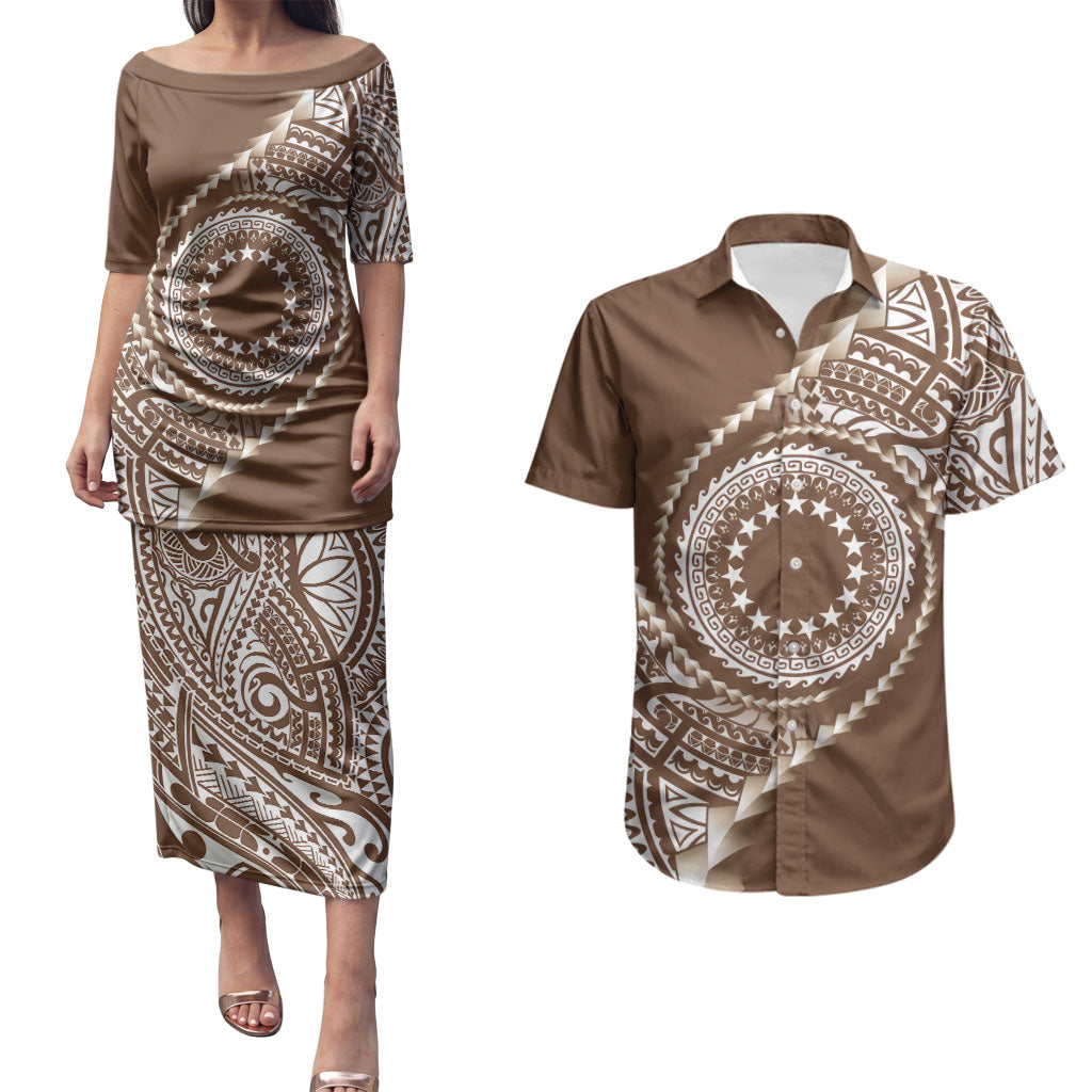 Cook Islands Gospel Day Couples Matching Puletasi and Hawaiian Shirt Brown Tribal Curves