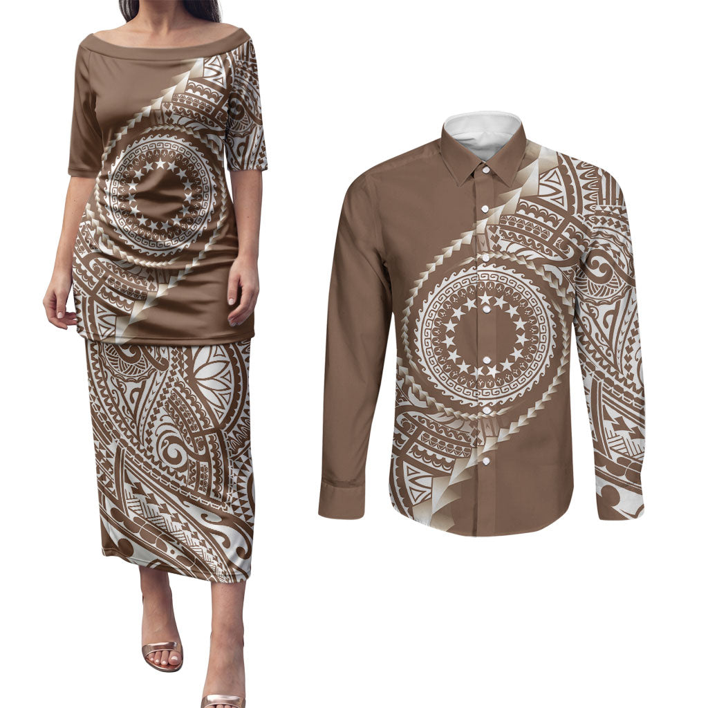 Cook Islands Gospel Day Couples Matching Puletasi and Long Sleeve Button Shirt Brown Tribal Curves