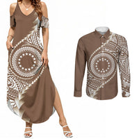 Cook Islands Gospel Day Couples Matching Summer Maxi Dress and Long Sleeve Button Shirt Brown Tribal Curves