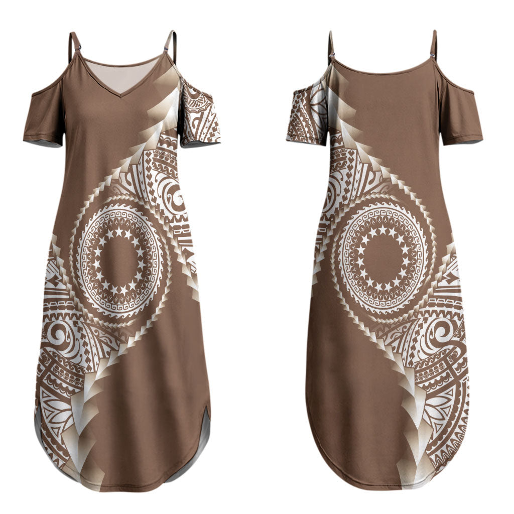 Cook Islands Gospel Day Couples Matching Summer Maxi Dress and Long Sleeve Button Shirt Brown Tribal Curves