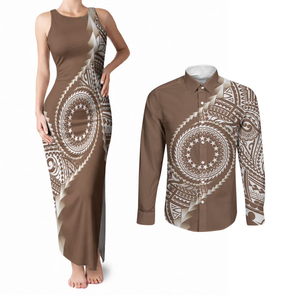 Cook Islands Gospel Day Couples Matching Tank Maxi Dress and Long Sleeve Button Shirt Brown Tribal Curves