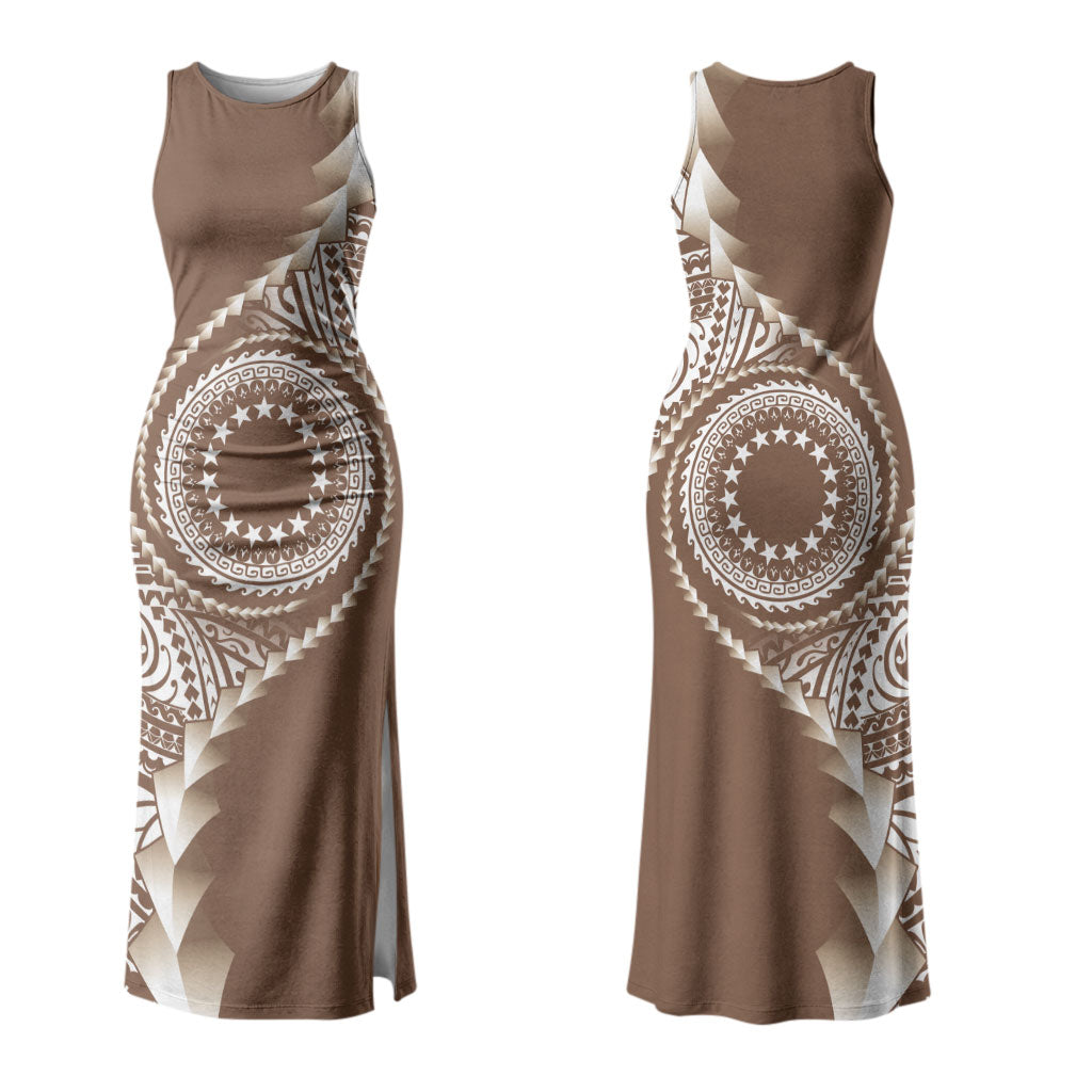 Cook Islands Gospel Day Couples Matching Tank Maxi Dress and Long Sleeve Button Shirt Brown Tribal Curves