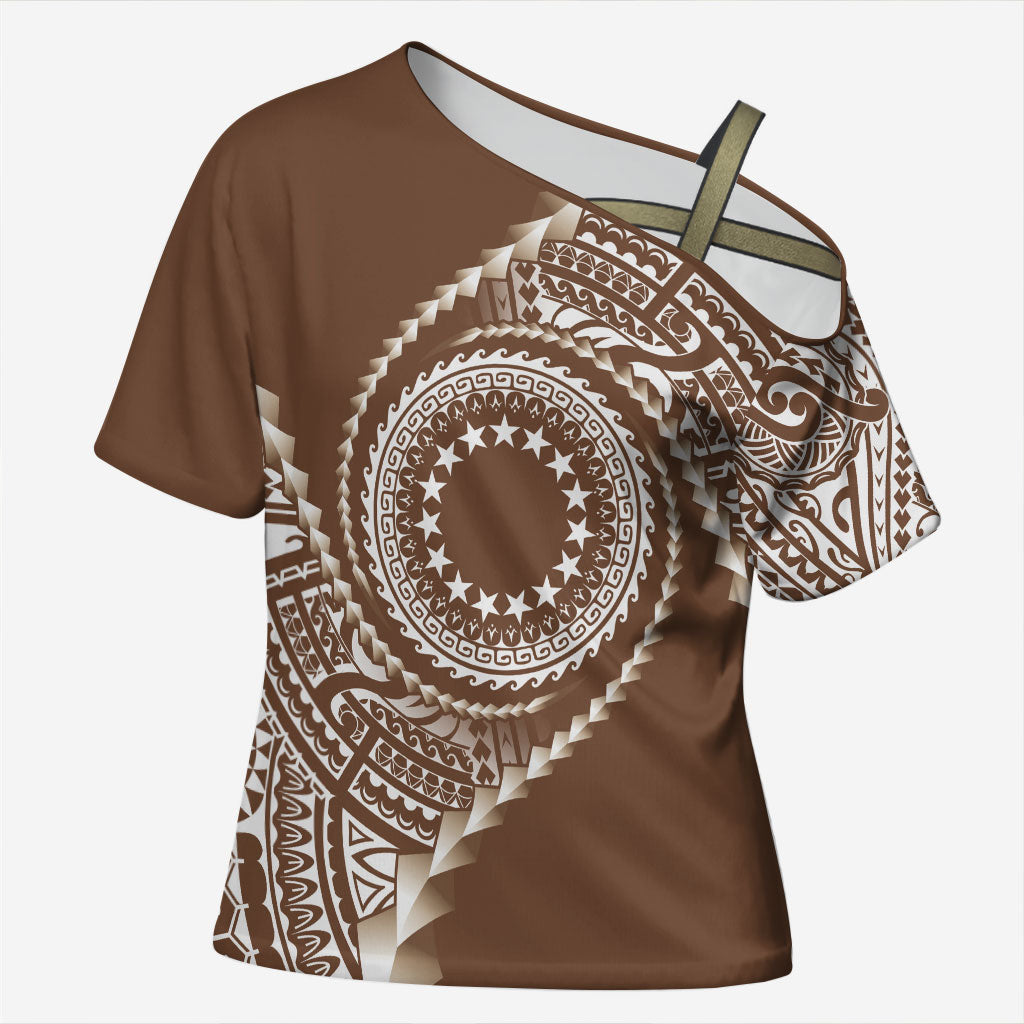 Cook Islands Gospel Day Cross Shoulder Shirt Brown Tribal Curves