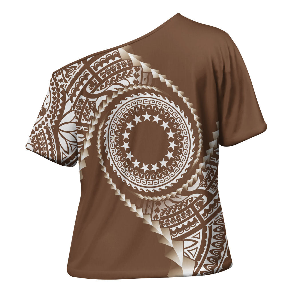 Cook Islands Gospel Day Cross Shoulder Shirt Brown Tribal Curves