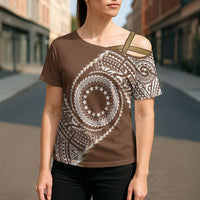 Cook Islands Gospel Day Cross Shoulder Shirt Brown Tribal Curves