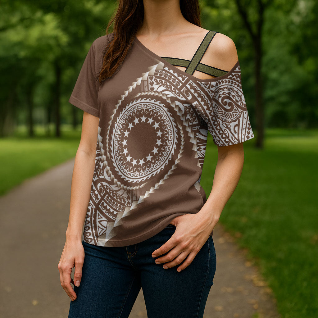 Cook Islands Gospel Day Cross Shoulder Shirt Brown Tribal Curves