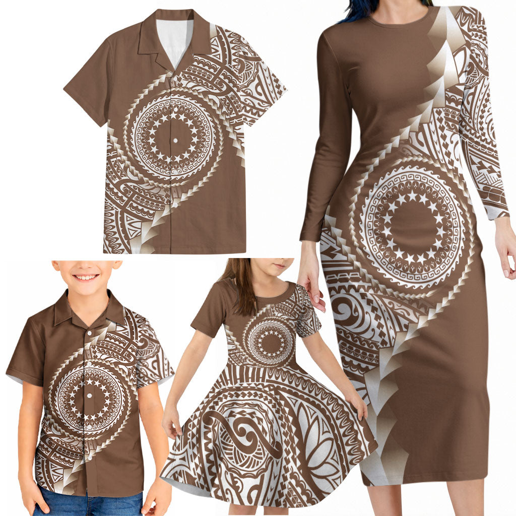 Cook Islands Gospel Day Family Matching Long Sleeve Bodycon Dress and Hawaiian Shirt Brown Tribal Curves