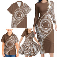 Cook Islands Gospel Day Family Matching Long Sleeve Bodycon Dress and Hawaiian Shirt Brown Tribal Curves