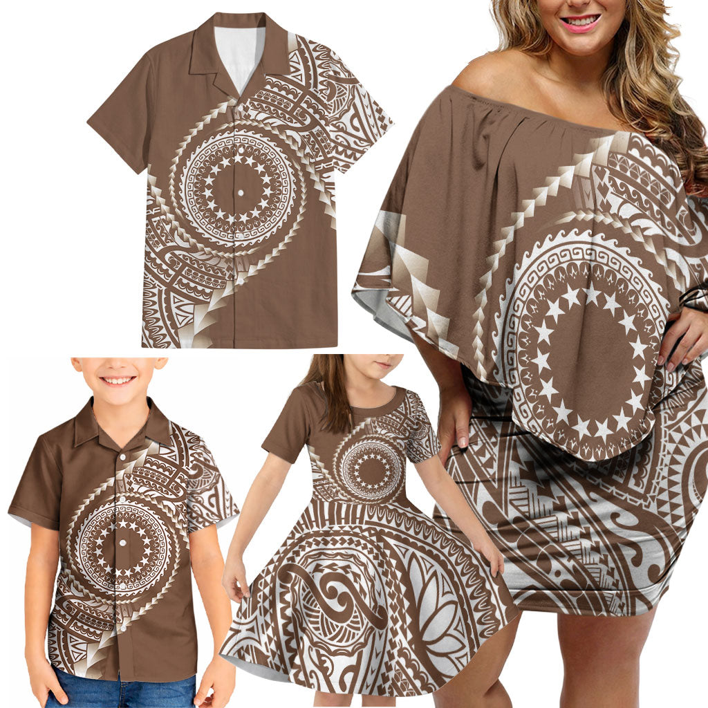 Cook Islands Gospel Day Family Matching Off Shoulder Short Dress and Hawaiian Shirt Brown Tribal Curves