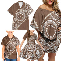 Cook Islands Gospel Day Family Matching Off Shoulder Short Dress and Hawaiian Shirt Brown Tribal Curves
