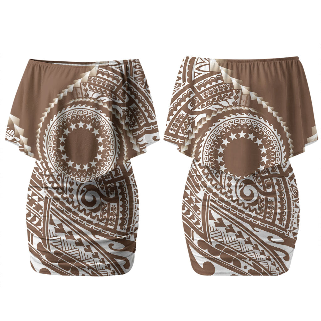 Cook Islands Gospel Day Family Matching Off Shoulder Short Dress and Hawaiian Shirt Brown Tribal Curves