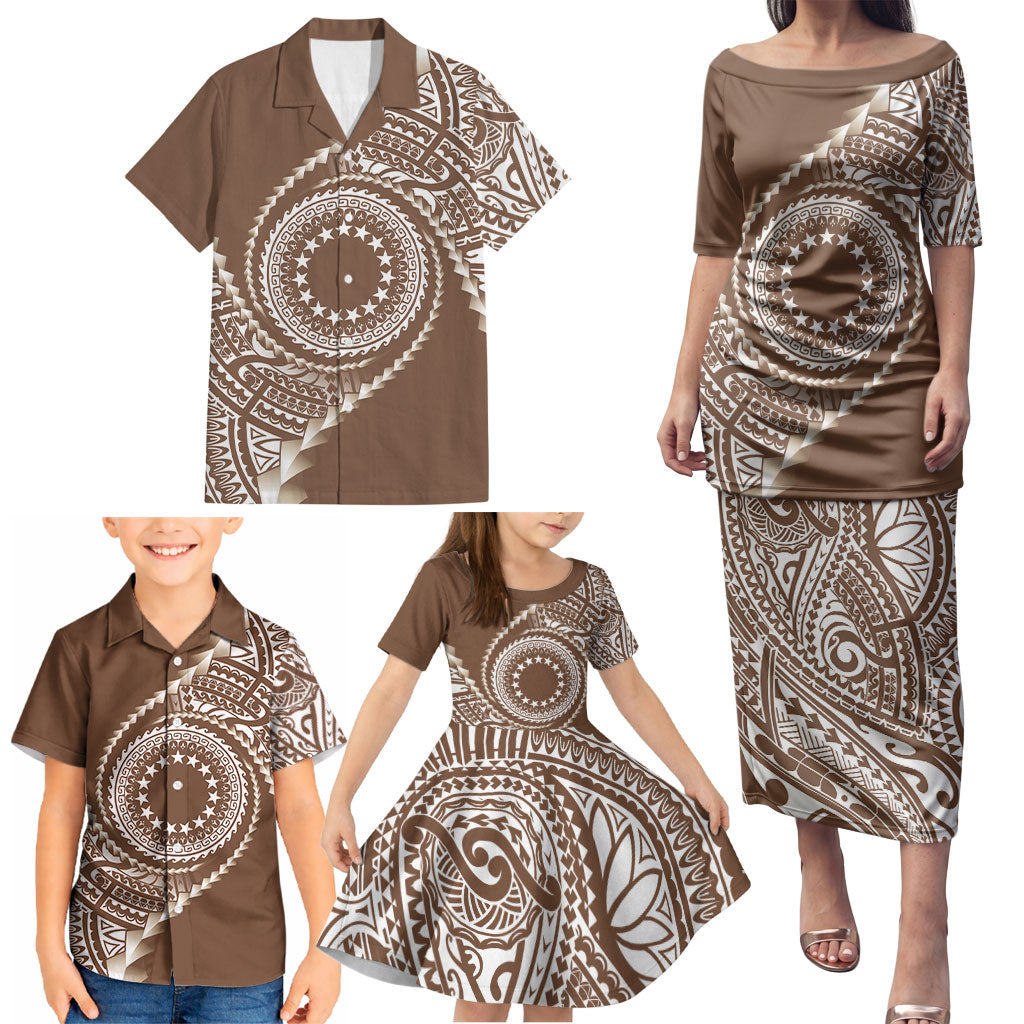Cook Islands Gospel Day Family Matching Puletasi and Hawaiian Shirt Brown Tribal Curves