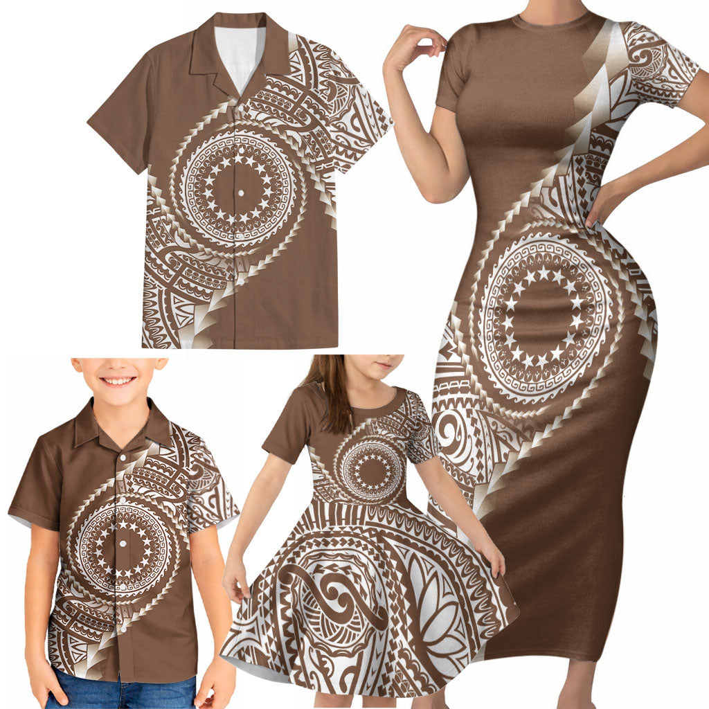Cook Islands Gospel Day Family Matching Short Sleeve Bodycon Dress and Hawaiian Shirt Brown Tribal Curves