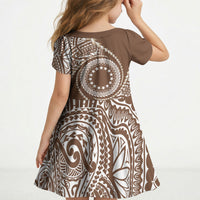 Cook Islands Gospel Day Kid Short Sleeve Dress Brown Tribal Curves