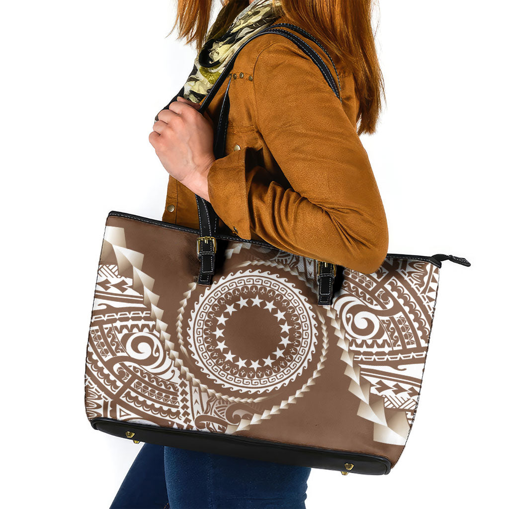 Cook Islands Gospel Day Leather Tote Bag Brown Tribal Curves