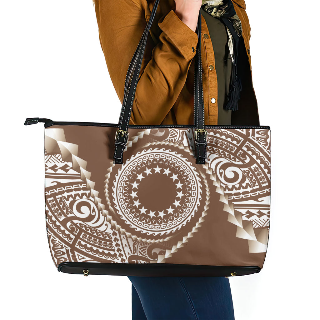 Cook Islands Gospel Day Leather Tote Bag Brown Tribal Curves
