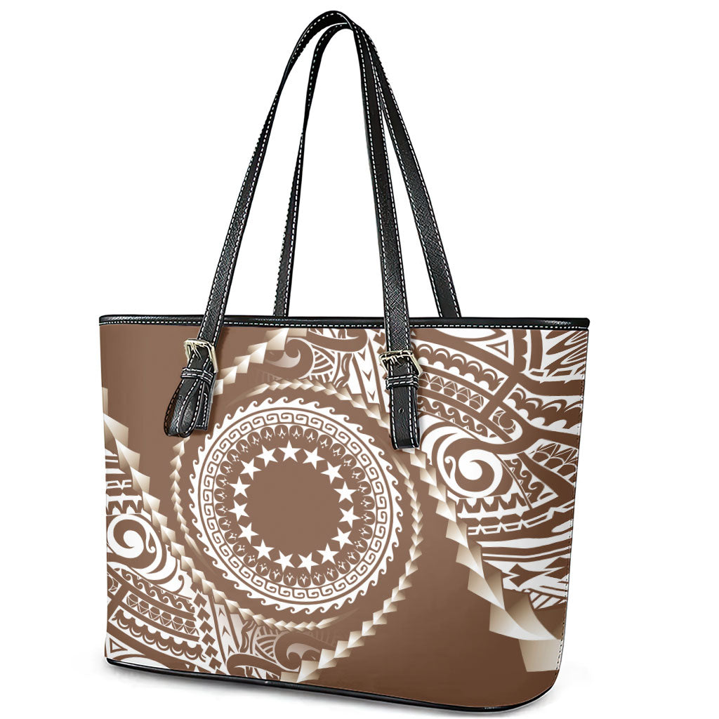 Cook Islands Gospel Day Leather Tote Bag Brown Tribal Curves