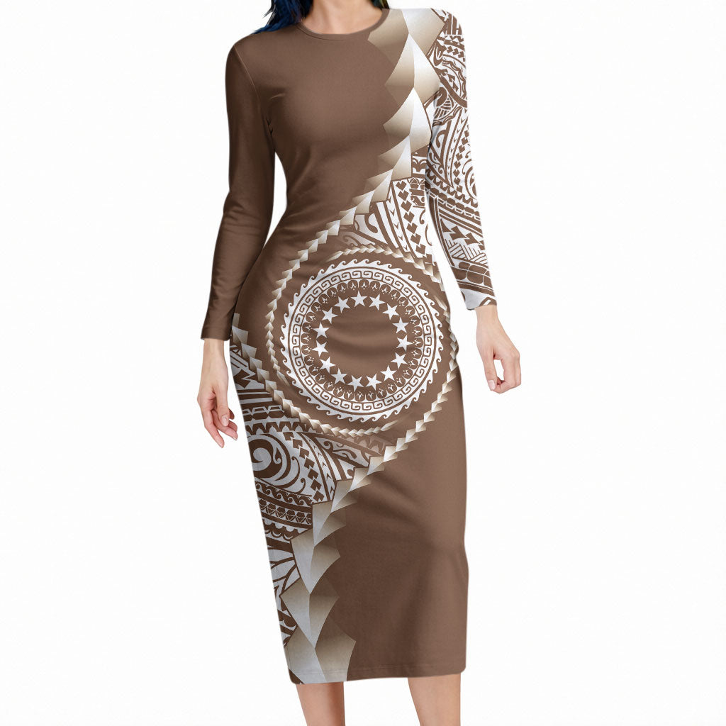 Cook Islands Gospel Day Long Sleeve Bodycon Dress Brown Tribal Curves