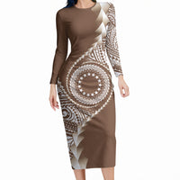 Cook Islands Gospel Day Long Sleeve Bodycon Dress Brown Tribal Curves