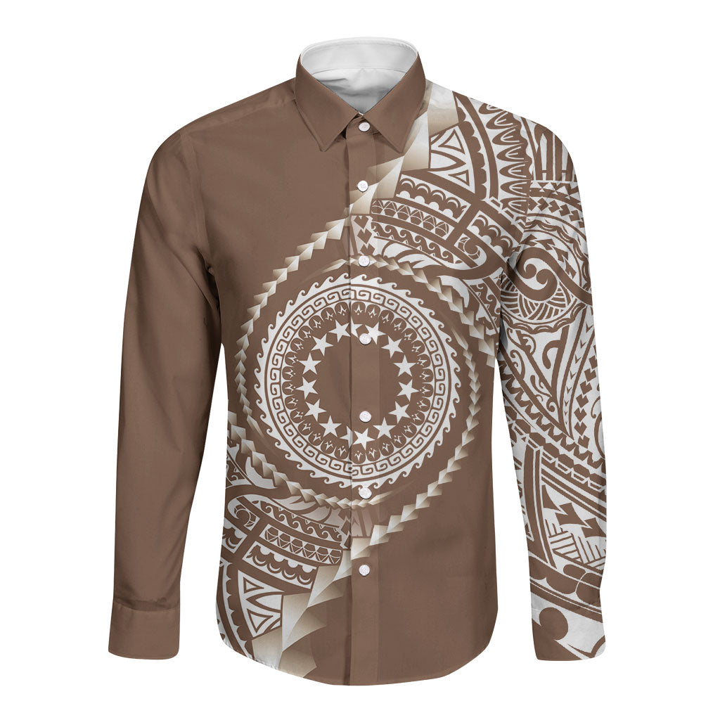 Cook Islands Gospel Day Long Sleeve Button Shirt Brown Tribal Curves LT05 Unisex Brown - Polynesian Pride
