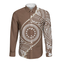 Cook Islands Gospel Day Long Sleeve Button Shirt Brown Tribal Curves