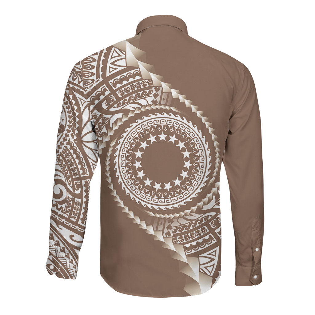 Cook Islands Gospel Day Long Sleeve Button Shirt Brown Tribal Curves