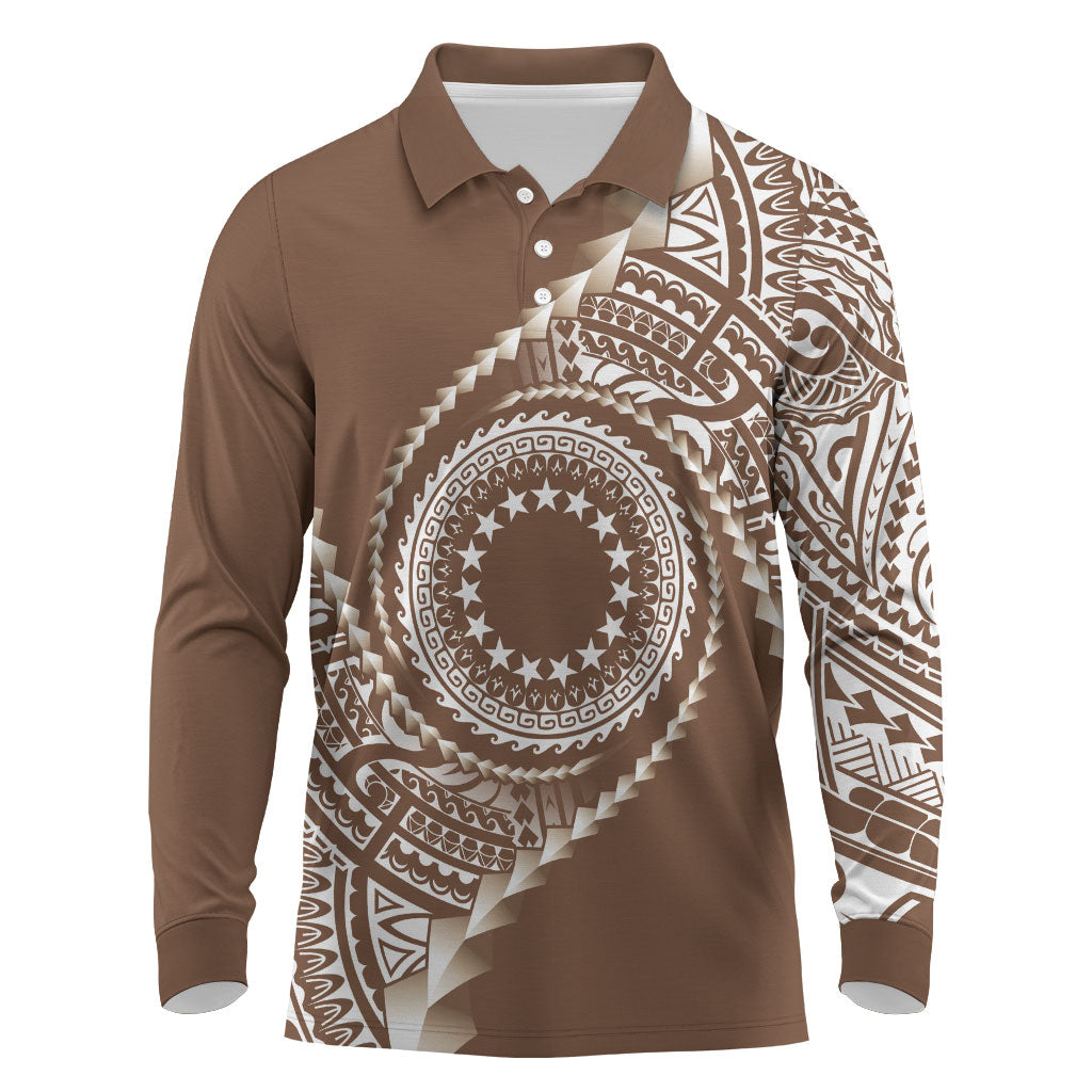 Cook Islands Gospel Day Long Sleeve Polo Shirt Brown Tribal Curves