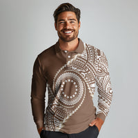 Cook Islands Gospel Day Long Sleeve Polo Shirt Brown Tribal Curves