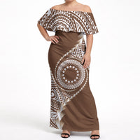 Cook Islands Gospel Day Off Shoulder Maxi Dress Brown Tribal Curves