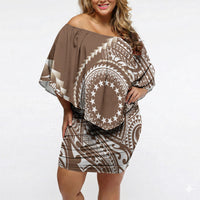 Cook Islands Gospel Day Off Shoulder Short Dress Brown Tribal Curves