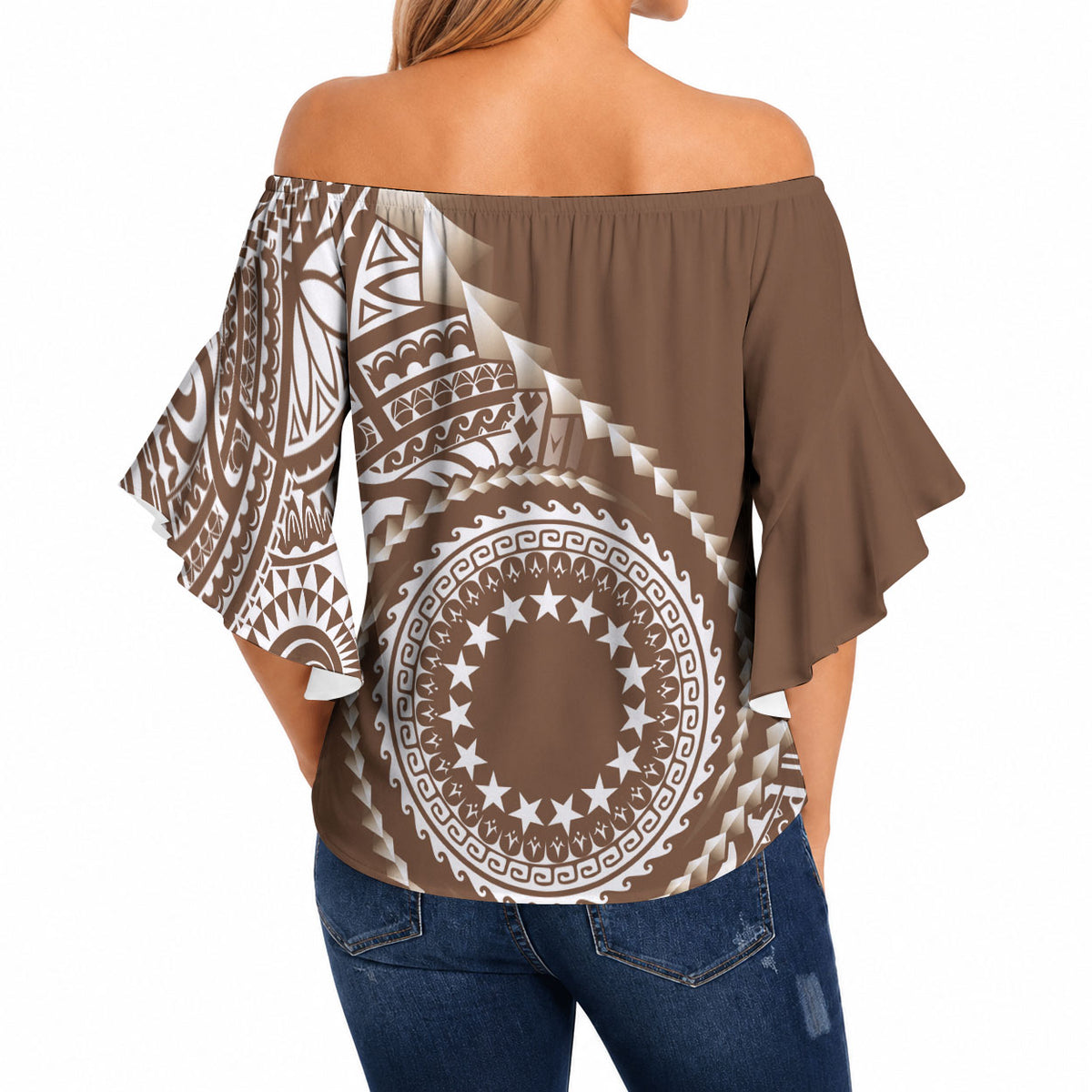 Cook Islands Gospel Day Off Shoulder Wrap Waist Top Brown Tribal Curves