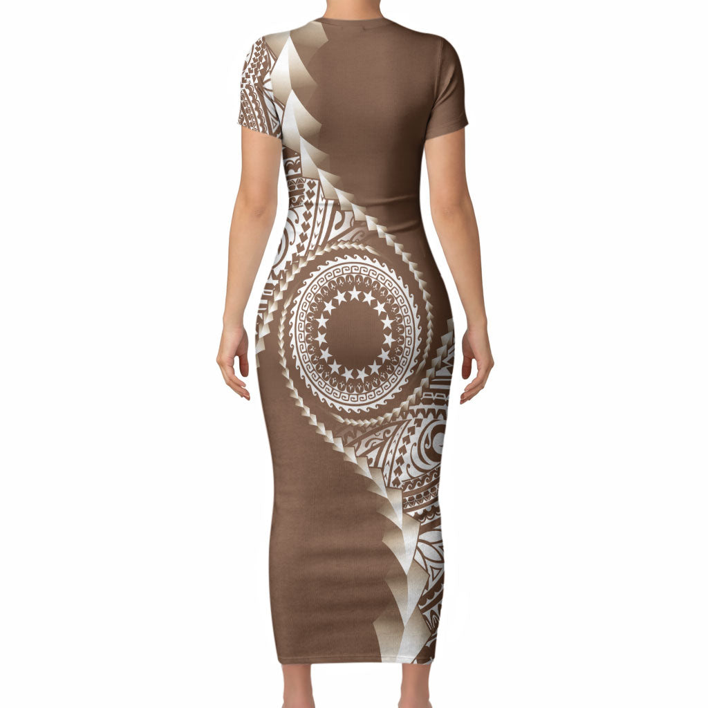 Cook Islands Gospel Day Short Sleeve Bodycon Dress Brown Tribal Curves
