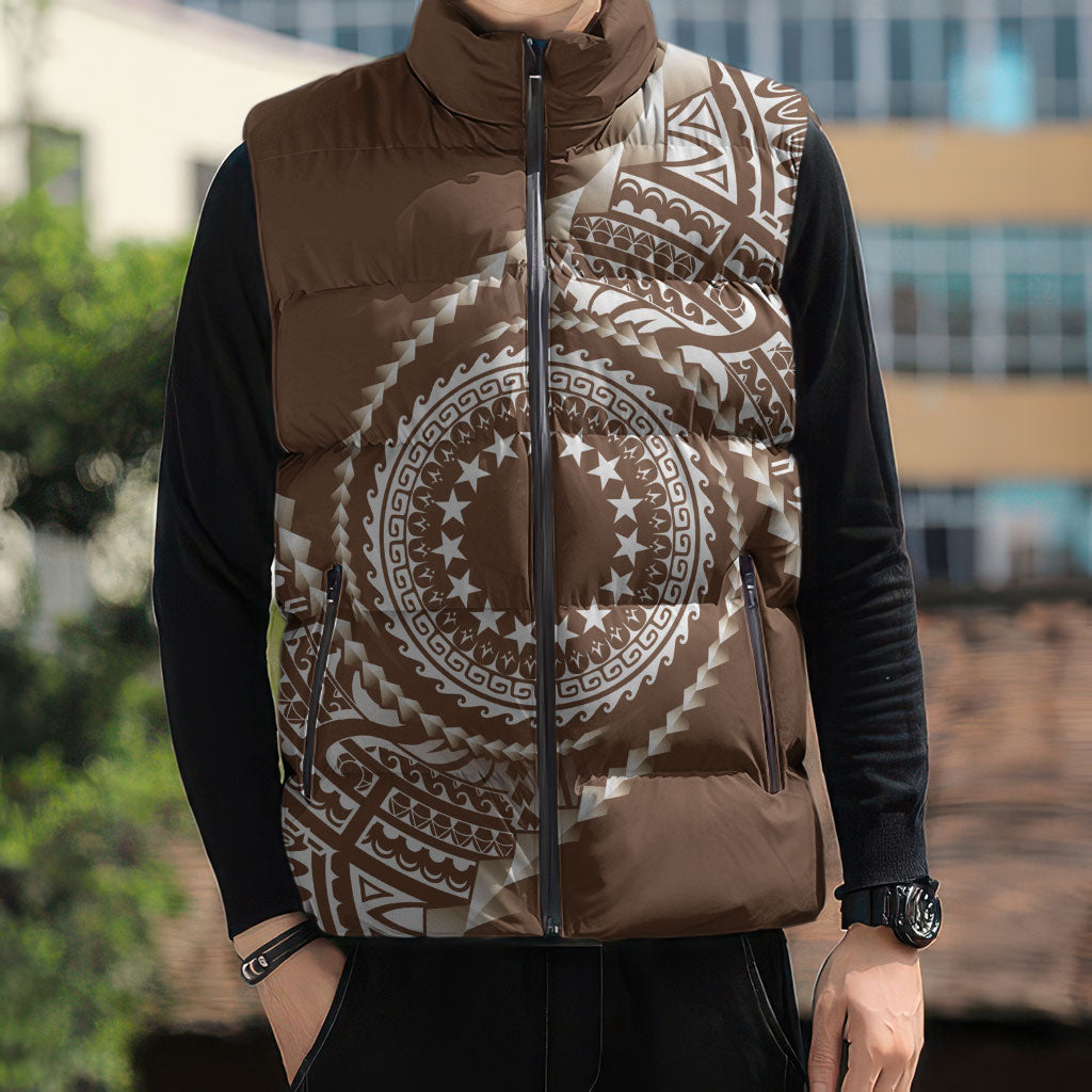 Cook Islands Gospel Day Sleeveless Puffer Jacket Brown Tribal Curves