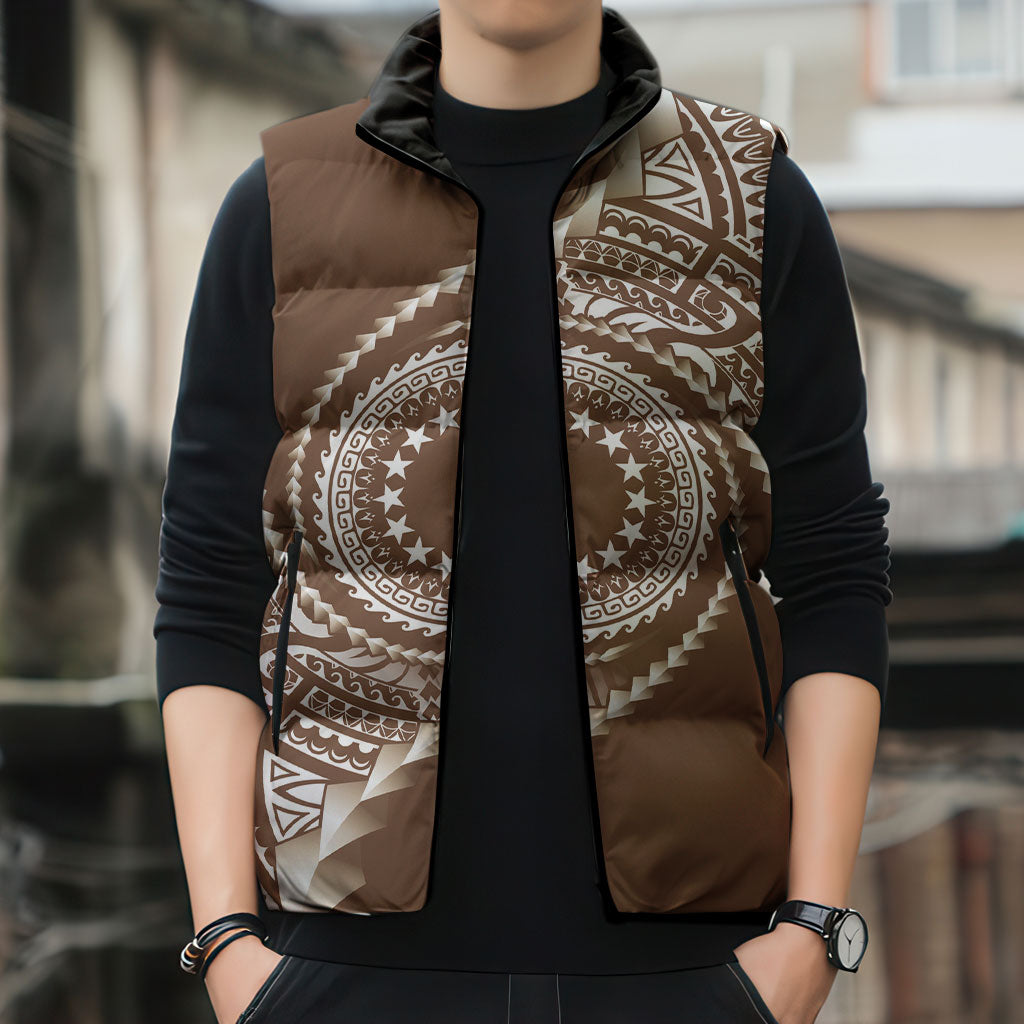 Cook Islands Gospel Day Sleeveless Puffer Jacket Brown Tribal Curves